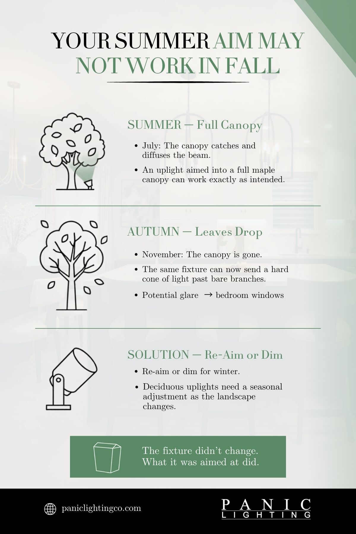 Infographic showing how an uplight aimed into a full July maple canopy fires past bare branches by November, and needs a seasonal re-aim or dim.